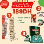pack de jeu 3en1 Jenga grand + Scrabble + Uno Jeu de cartes