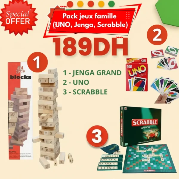 pack de jeu 3en1 Jenga grand + Scrabble + Uno Jeu de cartes
