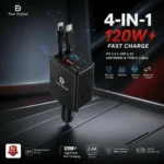 Chargeur de voiture USB C 4 en 1, chargeur de voiture rétractable 120 W, chargeur de téléphone voiture avec affichage de la tension
