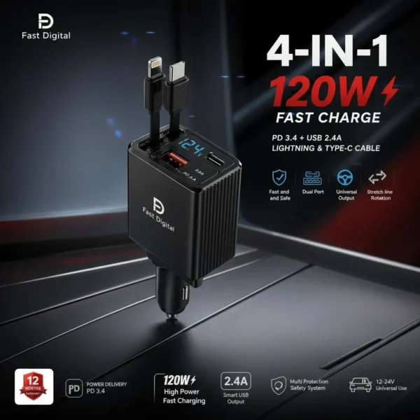 Chargeur de voiture USB C 4 en 1, chargeur de voiture rétractable 120 W, chargeur de téléphone voiture avec affichage de la tension