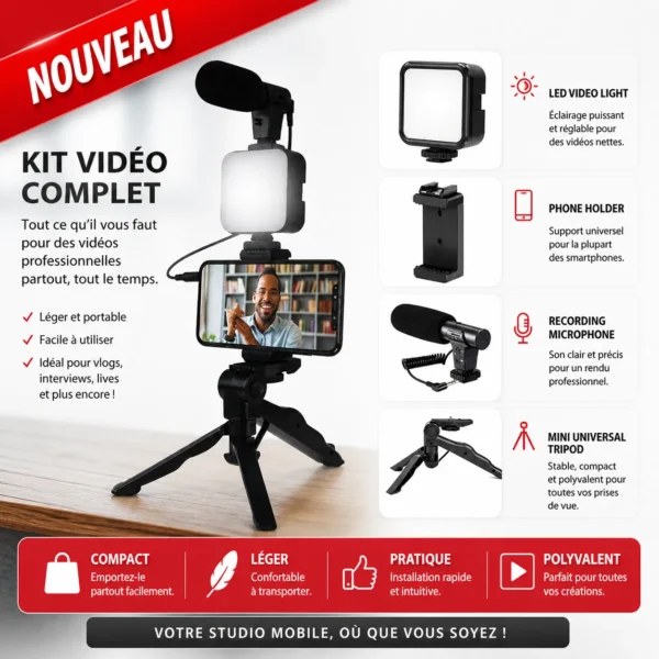 Kit Vlogging Smartphone avec poignée, Microphone stéréo, lumière LED - Youtube, TikTok